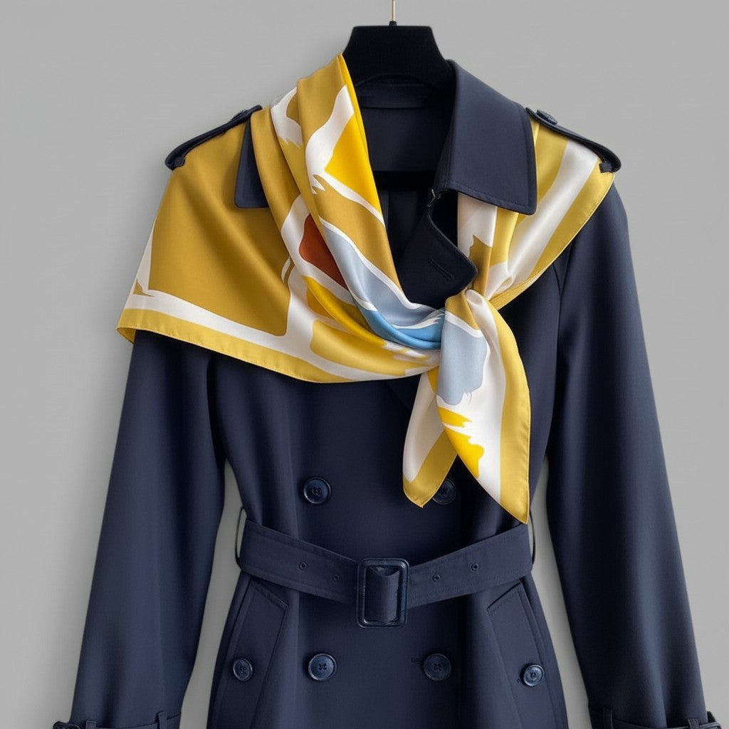 A navy blue trench coat displayed on a black mannequin torso, styled with a yellow, white, and light blue abstract-print silk scarf draped over the shoulders against a neutral gray background.