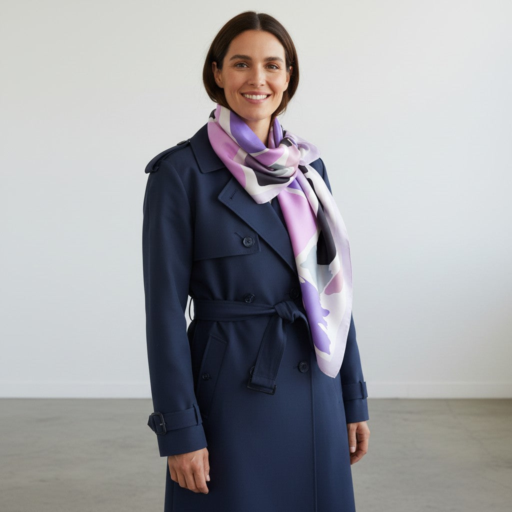 A woman wearing a navy blue trench coat and a purple, white, and black patterned silk scarf, standing against a plain light gray wall.