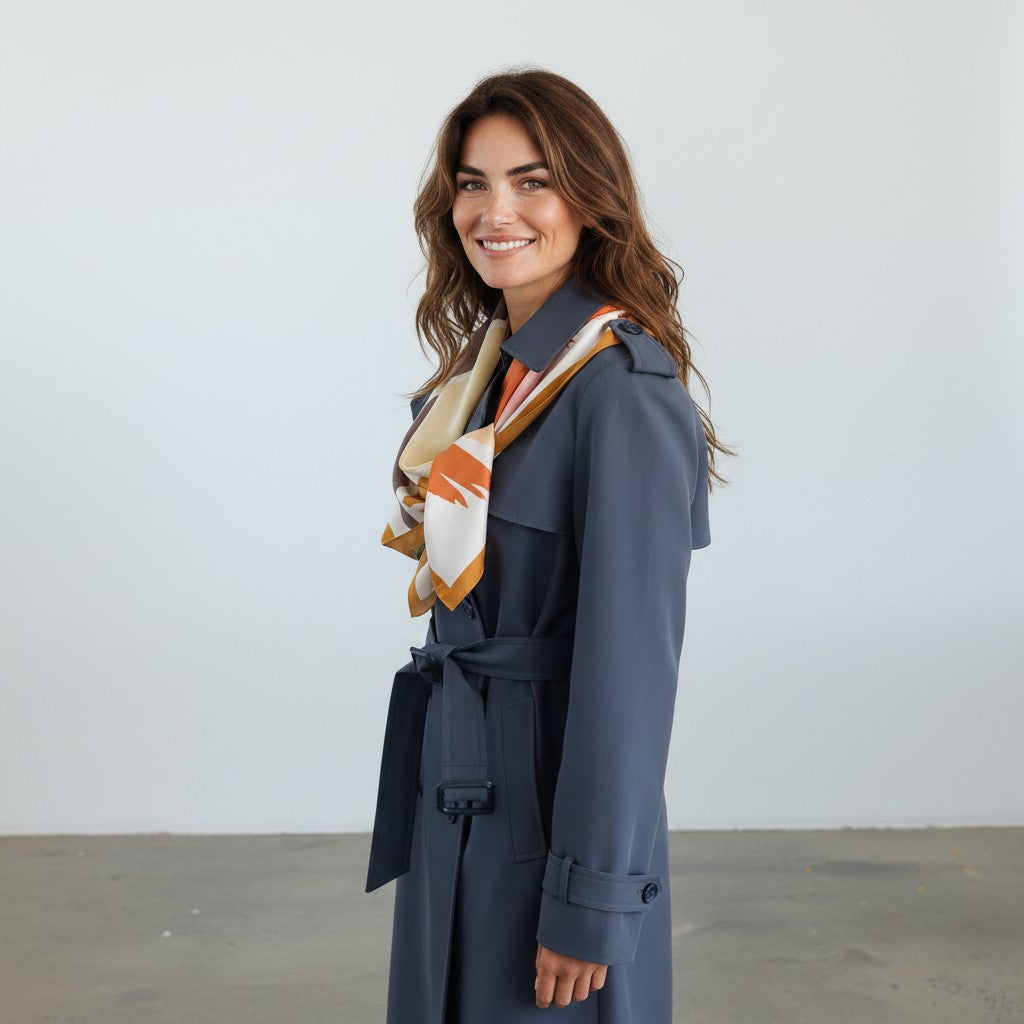 A woman wearing a slate blue trench coat with a matching belt and a patterned beige, orange, and white scarf, standing against a plain light gray wall.