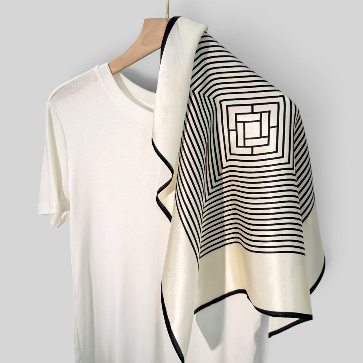 Pearl and black geometric meander printed silk square bandana