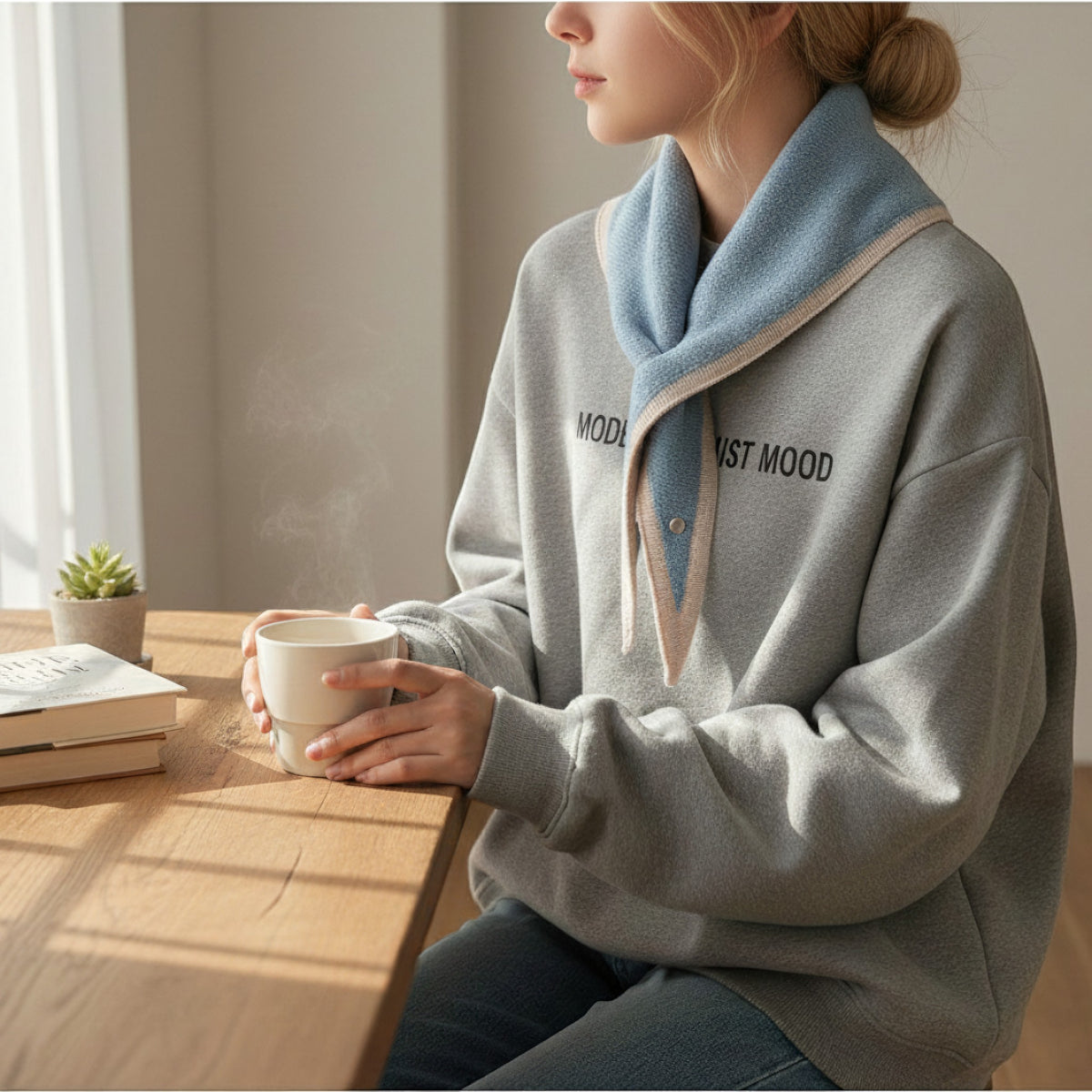 A woman seated at a wooden table in a softly lit room, wearing a light gray oversized sweatshirt with a large light blue fuzzy collar and black text on the chest. She holds a white mug, with books and a small plant on the table beside her.