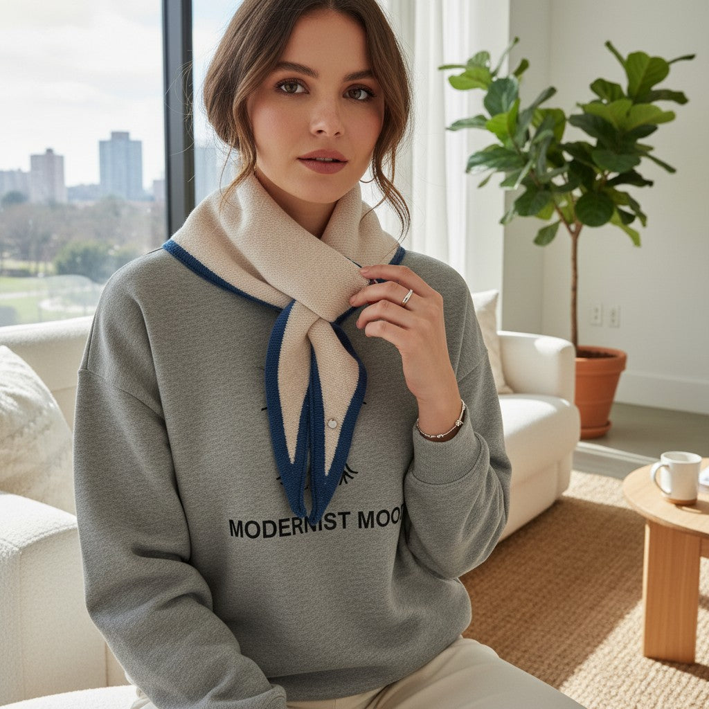 A woman sits indoors wearing a heather gray sweatshirt with 'MODERNIST MOON' printed in black across the chest, a cream scarf with blue trim, and light beige pants. The room has a large window, a potted plant, a sofa, and a small wooden table.