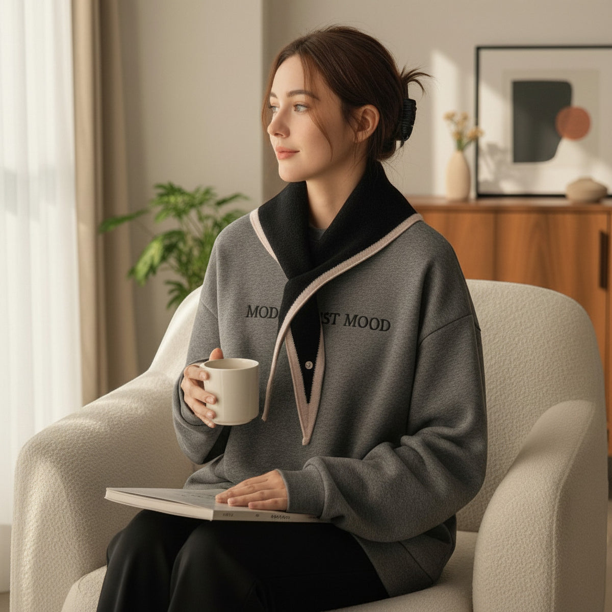 A woman sits in a light beige armchair in a softly lit room, wearing a gray pullover hoodie with a black collar and beige trim. The hoodie has black text on the chest that reads 'MODERNIST MOOD'.