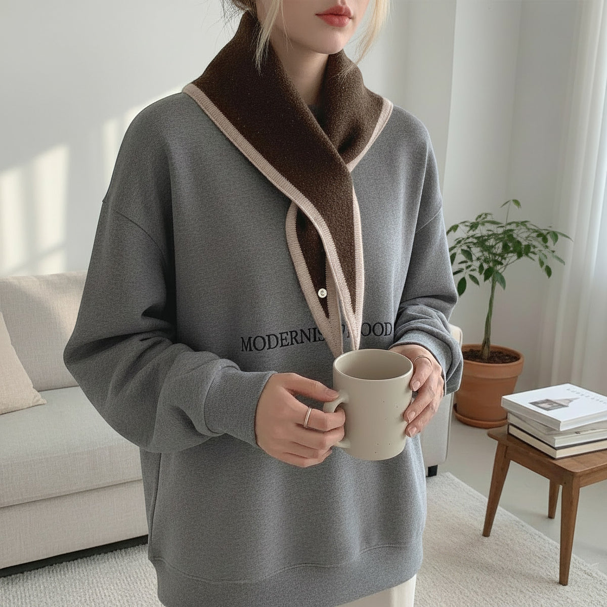 A woman wearing a gray oversized cardigan with a wide brown and beige shawl collar, holding a beige ceramic mug in a bright living room setting.