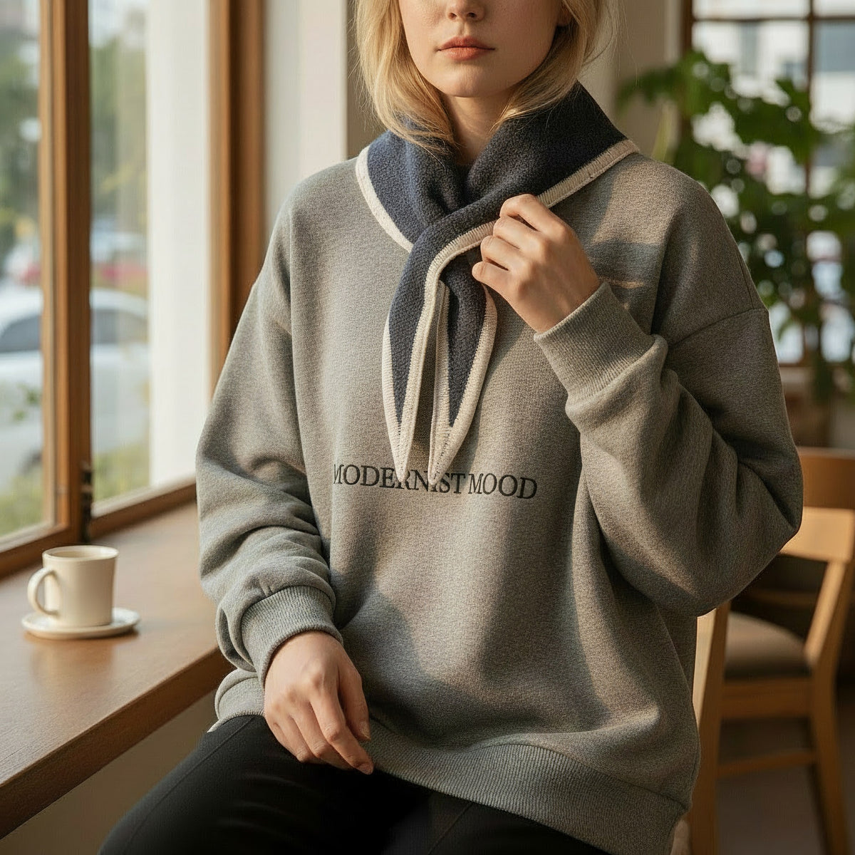 A woman wearing a gray oversized sweatshirt with 'MODERN. STMOOD' printed on the chest, paired with a navy and cream knit scarf, seated in a sunlit indoor setting.