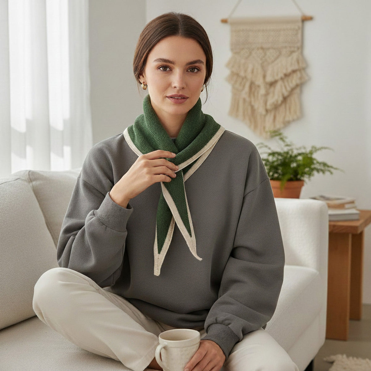 A woman sits on a white sofa wearing a gray sweatshirt and cream pants, with a green knit scarf featuring cream trim draped around her neck. The setting is a bright, modern living room with a macrame wall hanging and a small plant in the background.