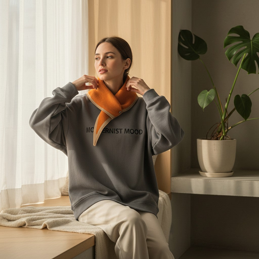A woman sits indoors wearing an oversized gray sweatshirt with black text reading 'MODERNIST MOOD' and a bright orange neck warmer or scarf. She is in a softly lit room with curtains, a plant, and a shelf in the background.