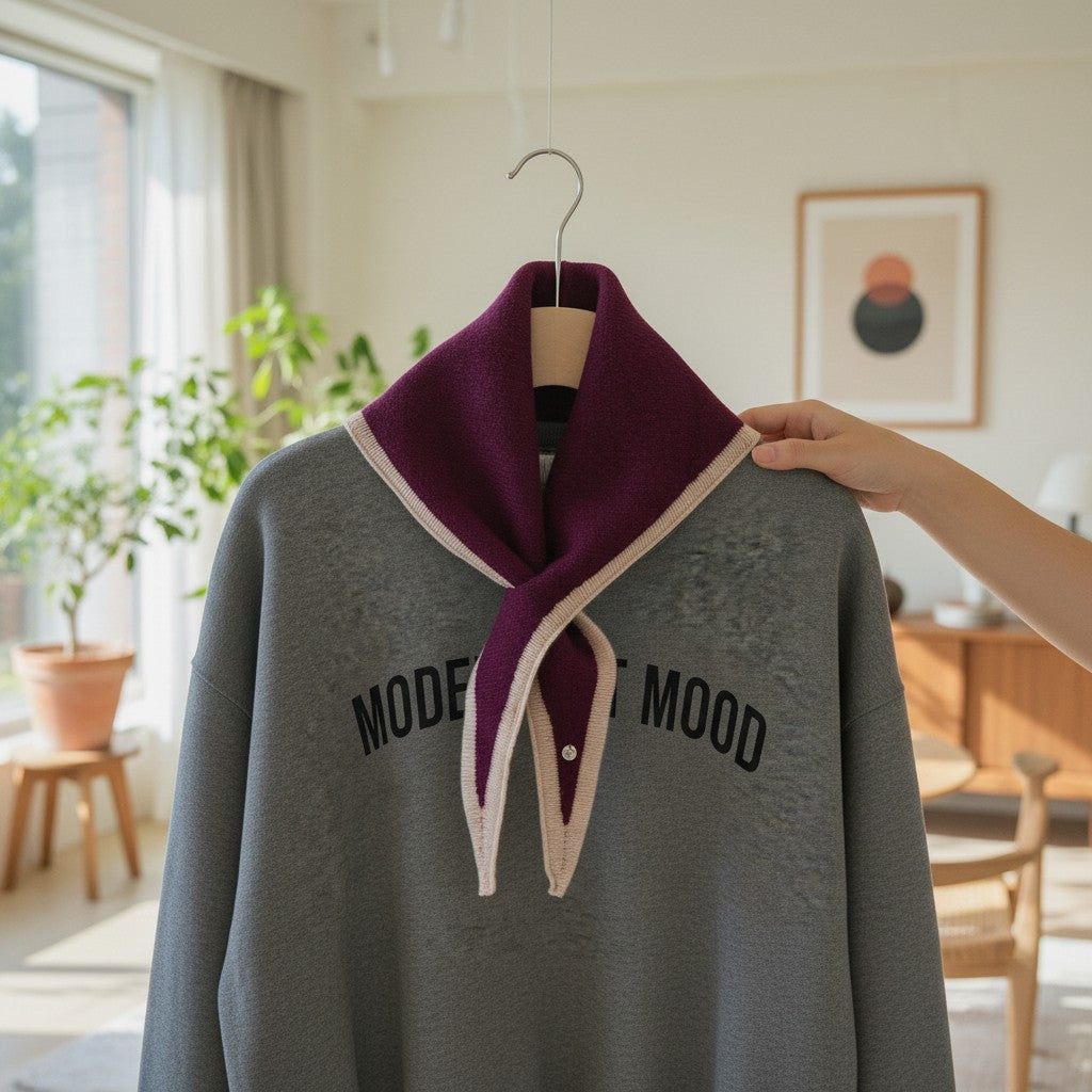 A gray oversized sweatshirt with black 'MODERNIST MOOD' text across the chest, styled with a deep purple neck scarf featuring cream trim, hanging on a wooden hanger. A hand is holding the right side of the collar, set against a softly blurred, warm-toned modern living room background.