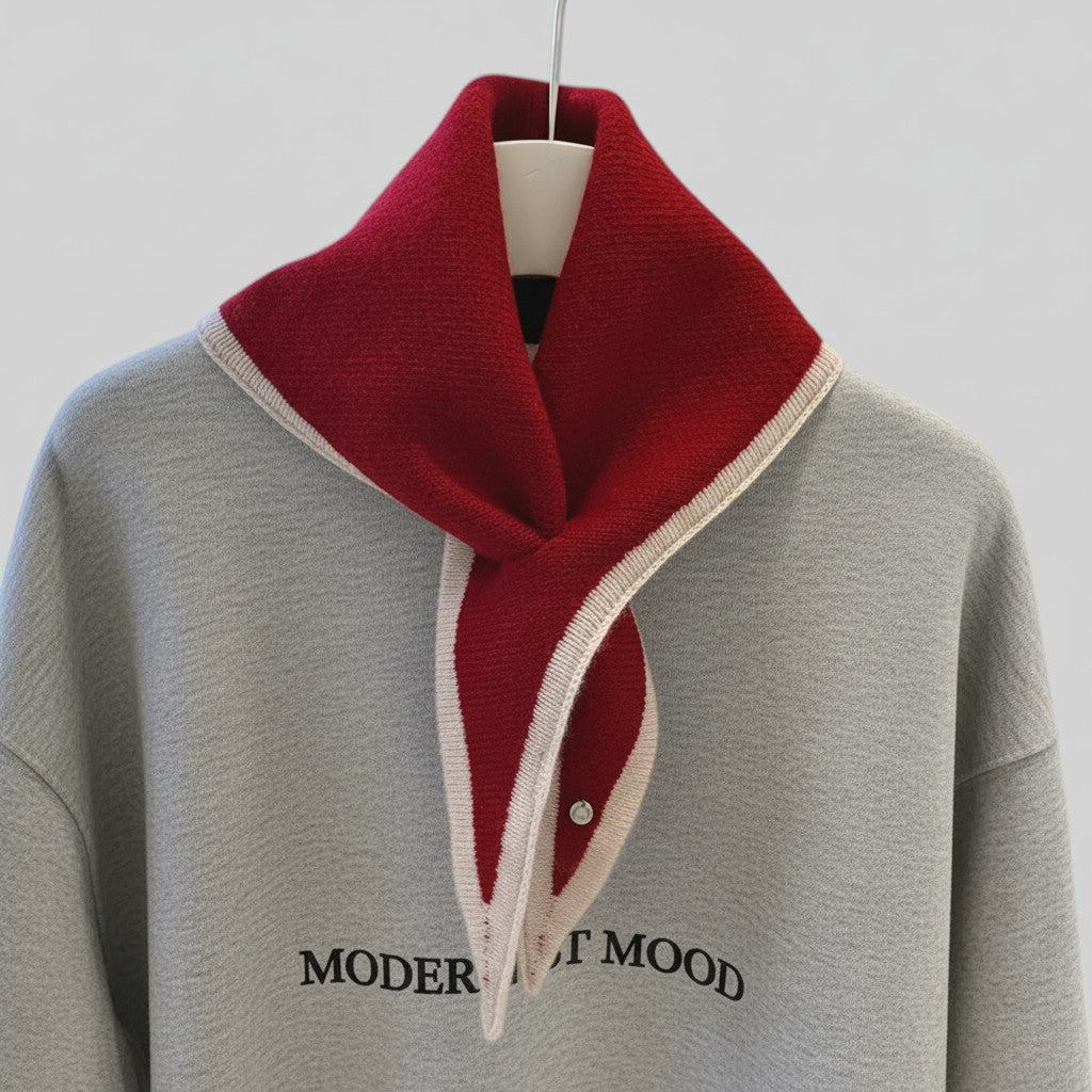 A light gray crewneck sweatshirt with a bold red knit collar featuring cream trim, styled on a hanger against a light gray background.