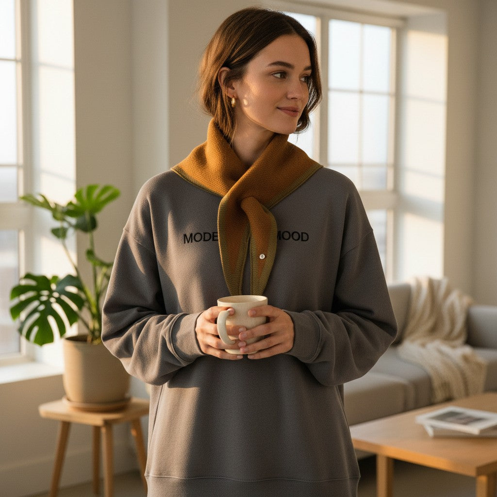 A woman stands in a bright living room holding a white mug, wearing a taupe-gray sweatshirt with 'MODERNIST Mood' printed on the chest and a mustard-brown collar detail.