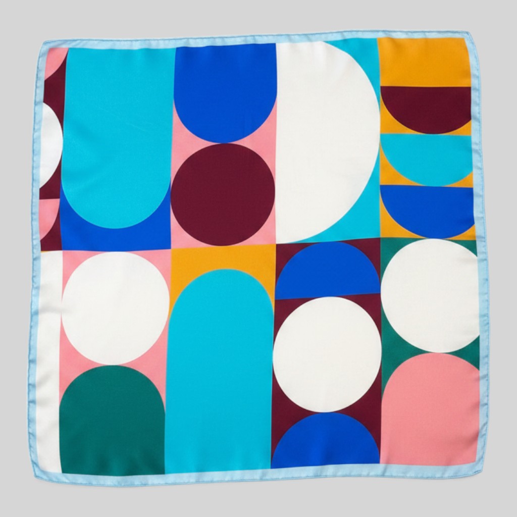 A square scarf with a colorful geometric pattern of circles, arcs, and blocks in blue, cyan, pink, white, yellow, burgundy, and green, finished with a light blue border, shown flat against a neutral gray background.