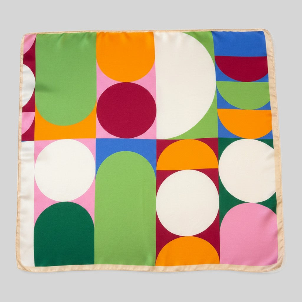A square silk scarf featuring a vibrant mid-century modern geometric pattern with arches and circles in green, pink, orange, blue, white, and burgundy, finished with a cream border, shown flat against a neutral gray background.