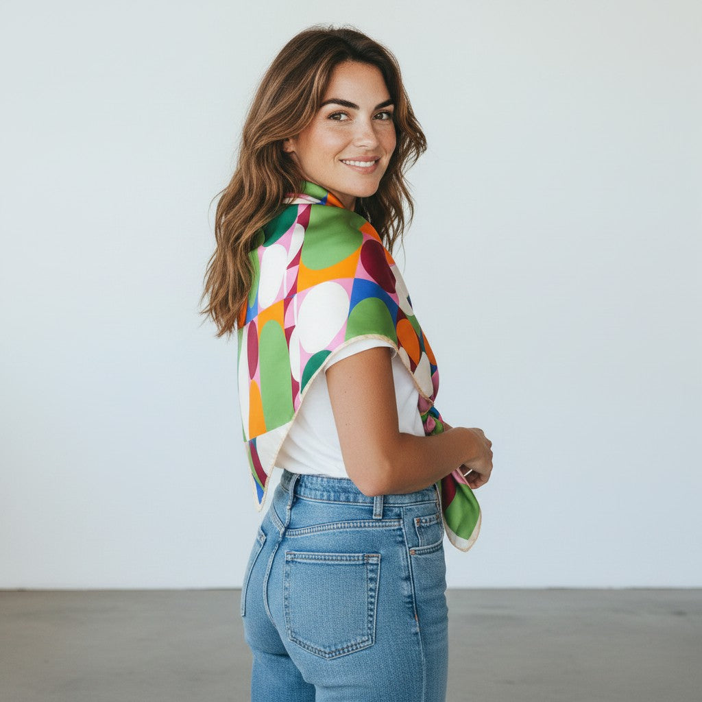 A woman wearing a white t-shirt and blue jeans, turned to the side to showcase a vibrant, multicolored abstract-patterned scarf draped over her shoulder.