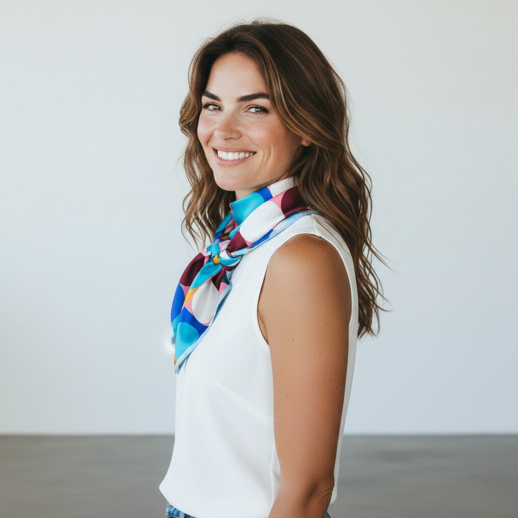 A woman with long brown hair is shown from the side, smiling and wearing a colorful patterned silk scarf tied around her neck over a white sleeveless top.