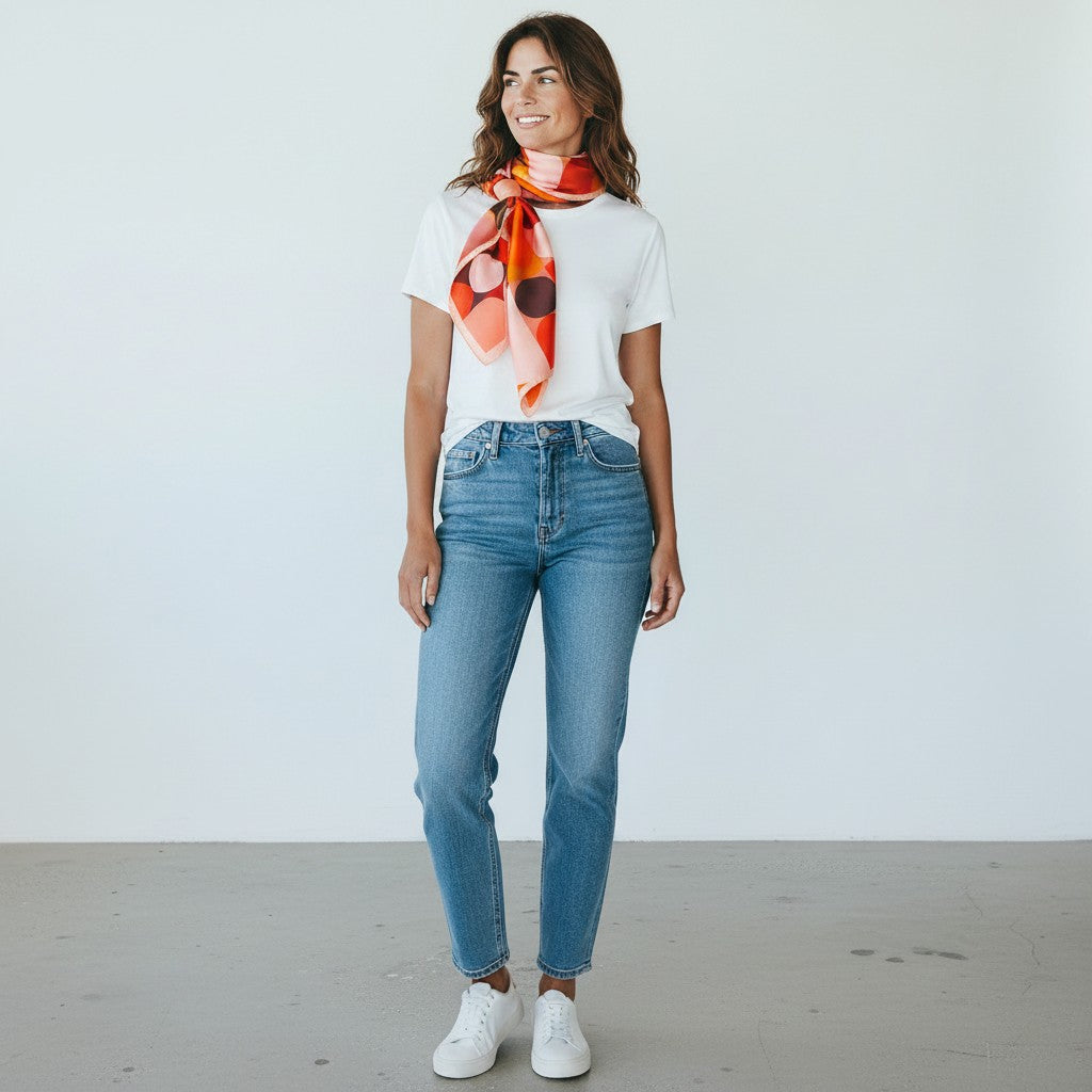 A woman stands in a studio wearing a white t-shirt, blue jeans, white sneakers, and a vibrant orange, red, and black patterned scarf.