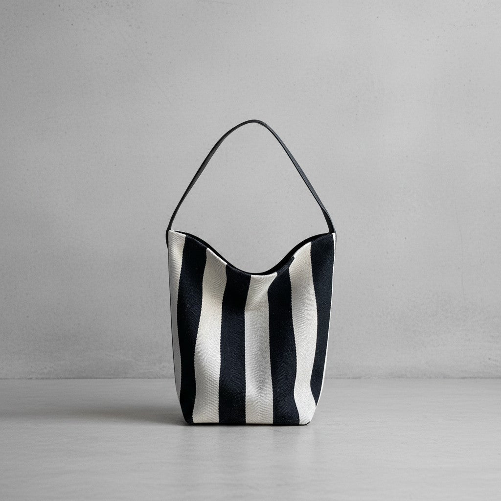 A black and white vertically striped leather shoulder bag with a single top handle, standing upright on a light gray floor against a textured gray wall.
