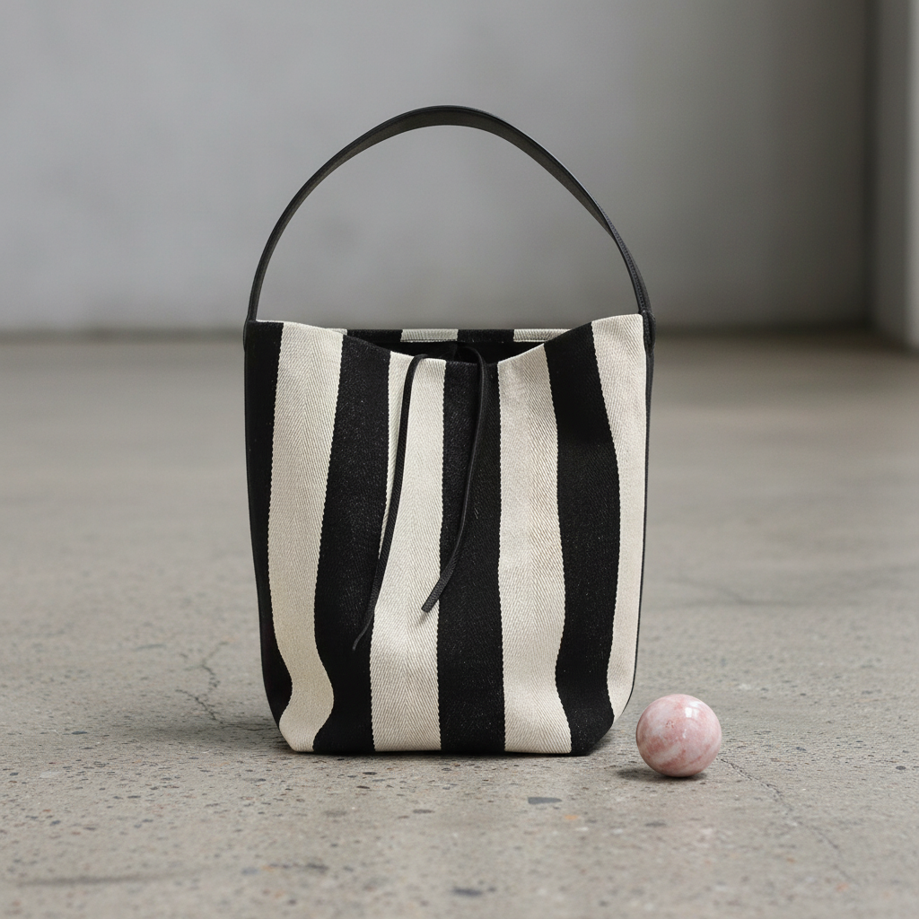 A black and off-white vertically striped canvas bucket bag with a black leather handle, standing on a concrete floor next to a pink stone sphere.