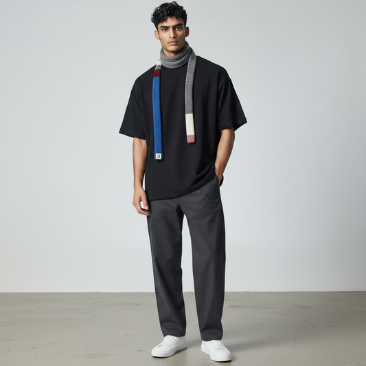 A male model stands in a studio wearing a black oversized short-sleeve T-shirt with a vertical blue and beige striped knit detail on the chest, a gray turtleneck, dark charcoal pants, and white sneakers.