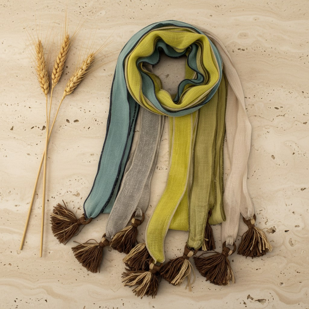 A multicolor scarf with tassels, styled flat-lay on a textured beige stone surface next to dried wheat stalks. The scarf features vertical stripes of teal blue, olive green, mustard yellow, light gray, and cream, finished with dark brown tassels.