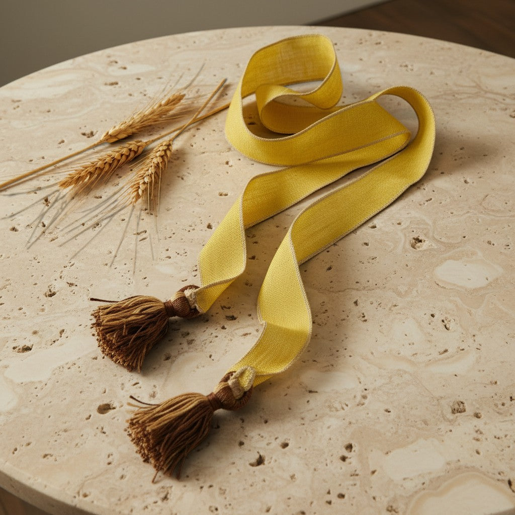 A bright yellow velvet ribbon with brown tassels, styled on a round beige stone table next to dried wheat stalks.