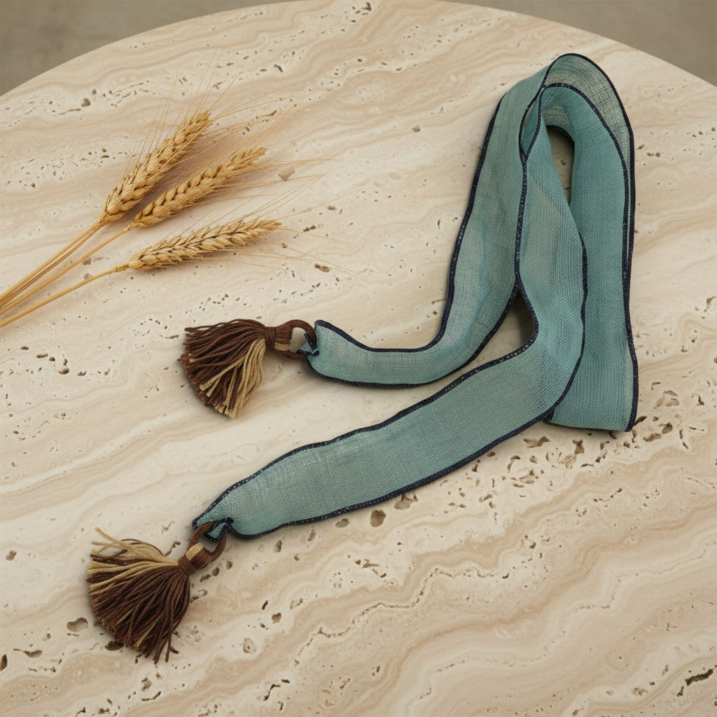 A long, narrow scarf in a muted sage green color with dark trim and brown tassels, laid out on a light beige stone surface next to dried wheat stalks.