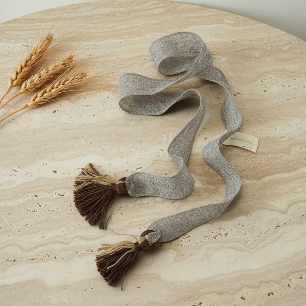 A light gray linen ribbon with brown tassels and a small cream fabric tag, arranged on a beige stone surface beside dried wheat stalks.