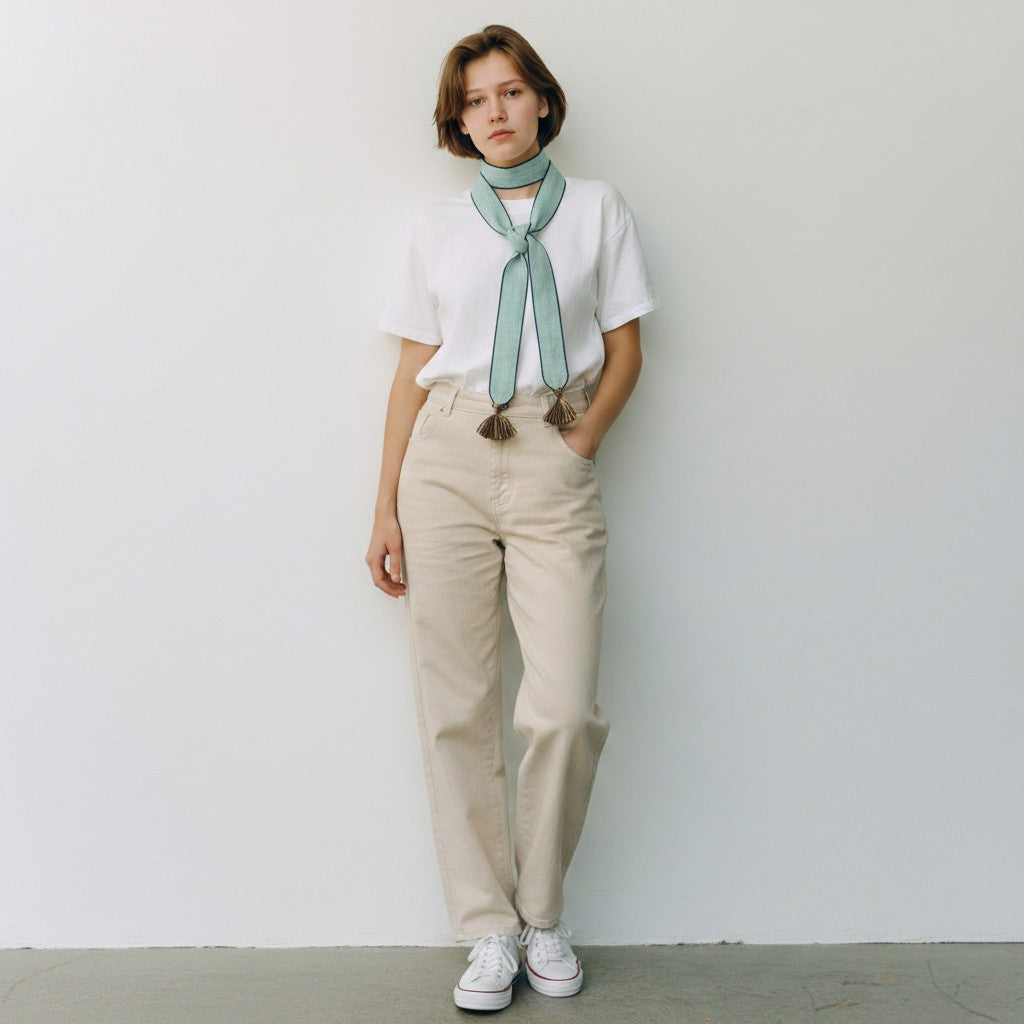 Model wearing light blue narrow tassel ribbon scarf loosely draped around the neck