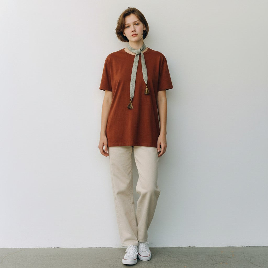 Model wearing light gray narrow tassel ribbon scarf loosely draped around the neck