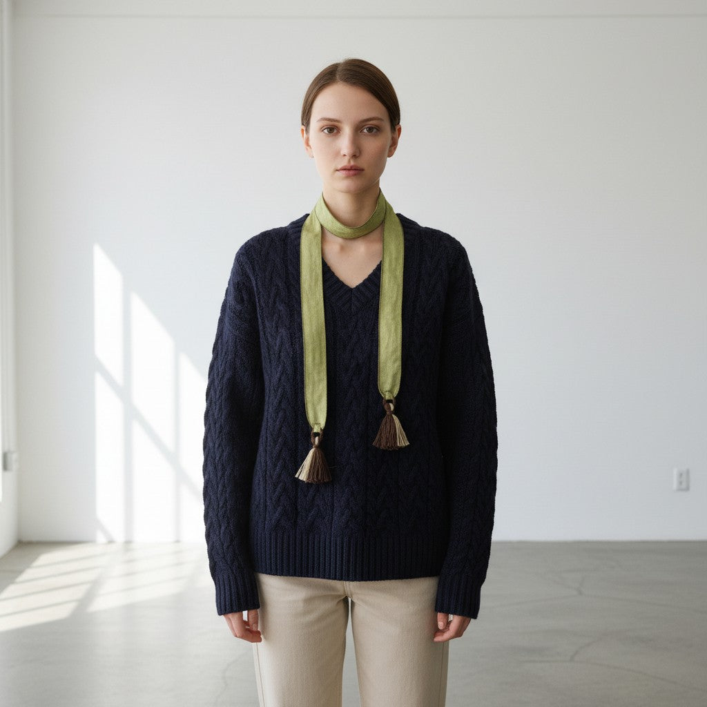 Model wearing matcha green narrow tassel ribbon scarf loosely draped around the neck
